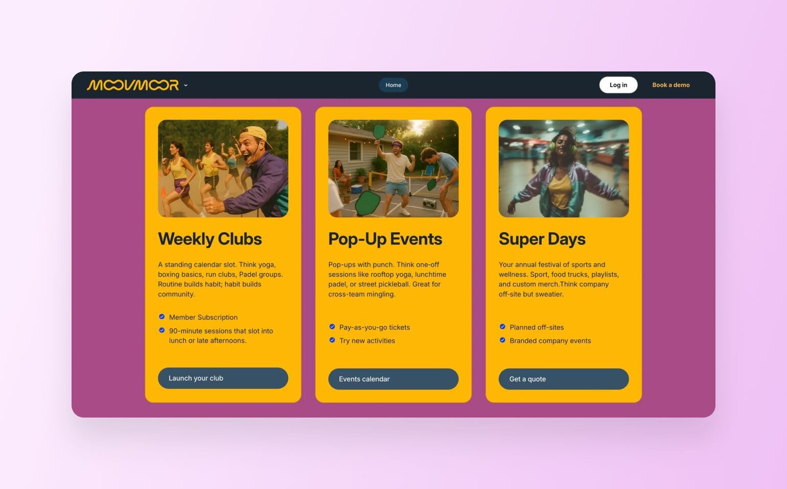 Moovmoor service breakdown showing three yellow cards describing offerings: "Weekly Clubs" (routine fitness with member subscription), "Pop-Up Events" (one-off sessions with pay-as-you-go tickets), and "Super Days" (annual festivals with planned off-site events). Each card includes activity photos and specific benefits with corresponding action buttons.