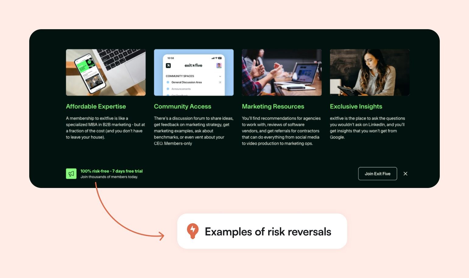 Screenshot of ExitFive website, with 100% risk-free 7-day trial highlighted.