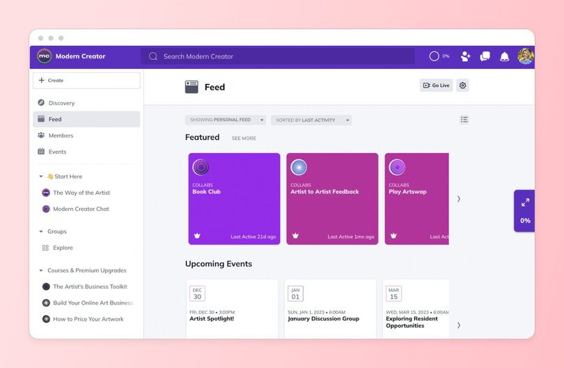 A Mighty Networks community interface for 'Modern Creator' featuring an activity feed with event cards and groups like 'Book Club' and 'Artist Feedback'. Sidebar includes navigation to groups, courses, members, events, and discovery.