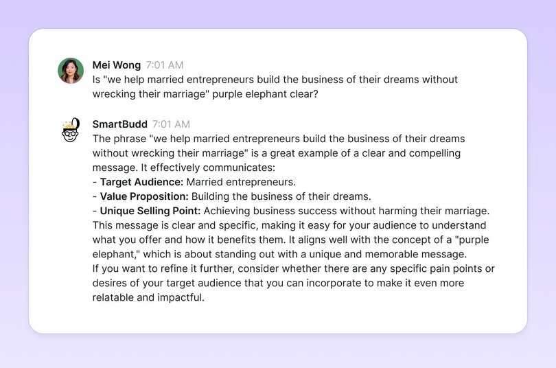 Conversation where Mei Wong asks if 'we help married entrepreneurs build the business of their dreams without wrecking their marriage' is a clear value proposition. SmartBuddy confirms it effectively communicates target audience, value proposition, and unique selling point.