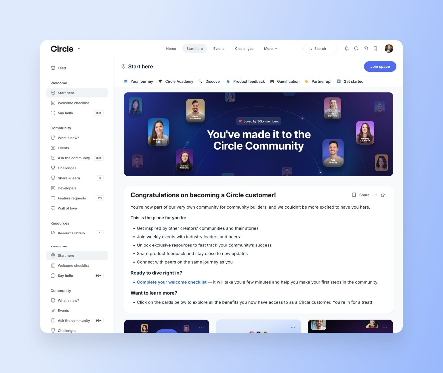  Circle community platform homepage with "You've made it to the Circle Community" banner, member profile photos, congratulations message, and community benefits list.