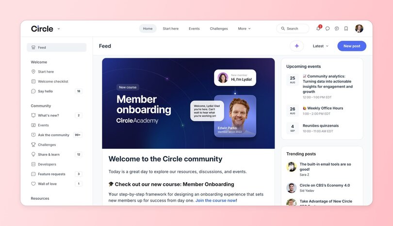 Circle community platform dashboard featuring a member onboarding course banner with user avatars and welcome messages. Sidebar includes sections like 'Start here', 'Ask the community', 'Events', and 'Challenges'. Upcoming events and trending posts are shown on the right-hand side.