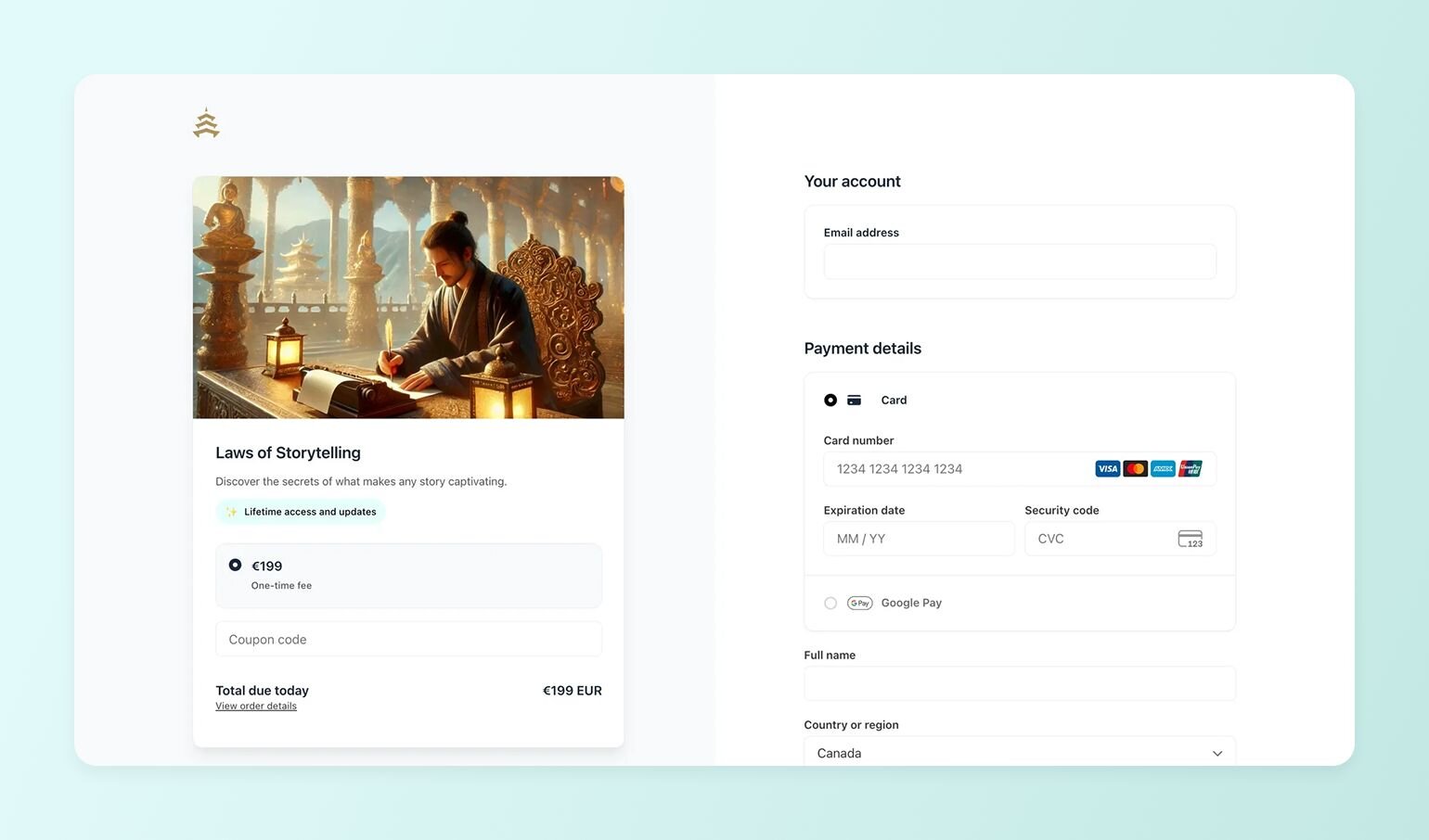 Circle checkout page for 'Laws of Storytelling' course showing €199 one-time fee with payment form including card details, expiration date, and security code fields