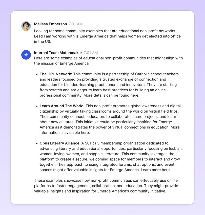 Conversation screenshot showing 'Internal Team Matchmaker' suggesting educational non-profit communities to Melissa Emberson who works with Emerge America. Recommendations include The HPL Network, Learn Around The World, and Opus Literary Alliance with detailed descriptions of each.