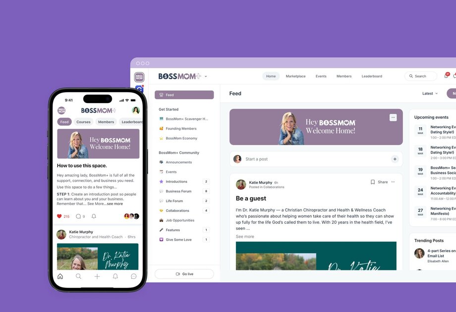 BossMom+ community platform showing both mobile and desktop interfaces with purple background on Circle. Interface displays community features like Feed, Courses, Members, and content from a user named Katie Murphy/