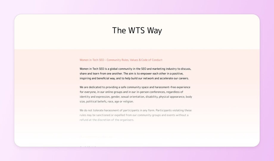 Screenshot of “The WTS Way” showing Women in Tech SEO’s commitment to inclusivity, safety, and anti-harassment principles.