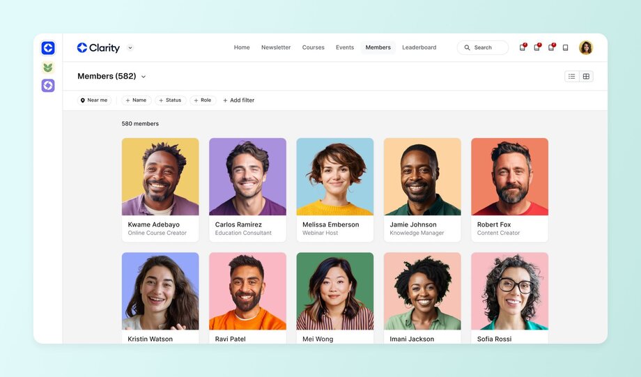 Member directory interface showing member profiles with names, roles, and photos, including filters for name, role, status, and location.