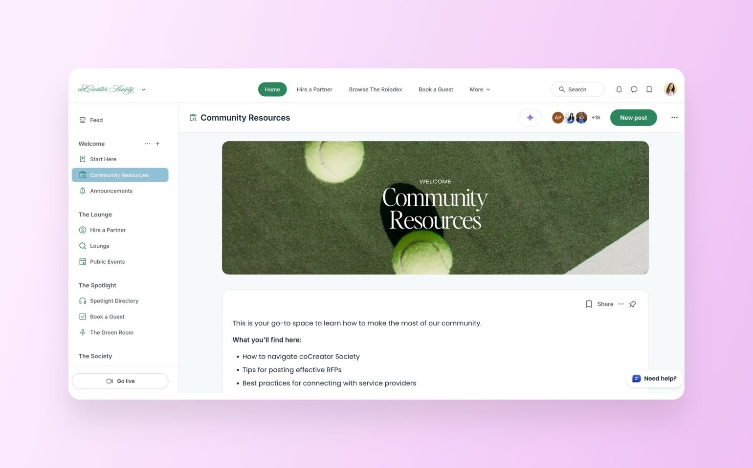 coCreator Society community resources page showing navigation sidebar and main content area with "Community Resources" header. Lists learning objectives including navigation tips, effective RFP posting, and service provider connection best practices.