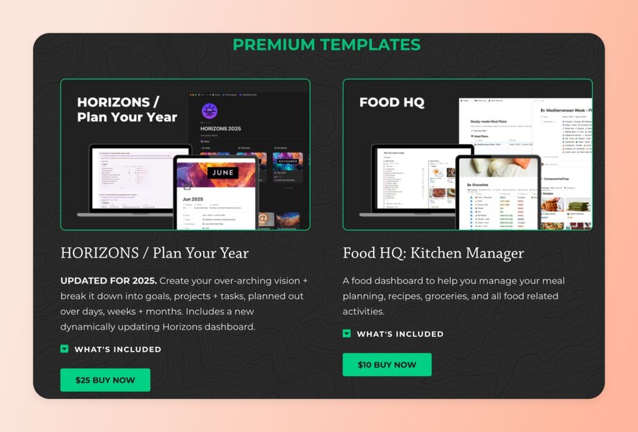 Premium digital templates featuring HORIZONS annual planner ($25) and FOOD HQ kitchen manager ($10), displaying dashboard interfaces for goal tracking and meal planning organization.