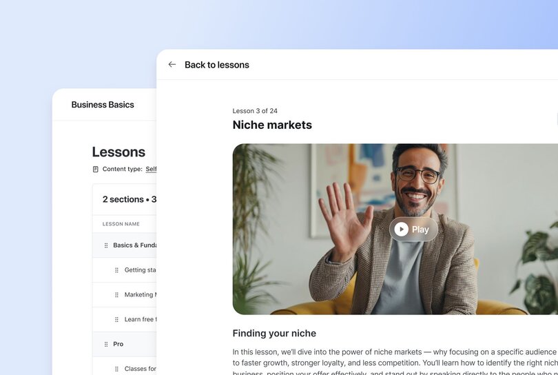 Course interface showing Business Basics lesson 3 of 24 on niche markets, featuring a smiling man in glasses waving at camera with a play button overlay and lesson sidebar