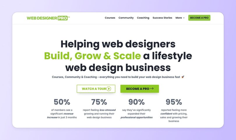 Web Designer Pro homepage with statistics (50%, 75%, 90%, 95% success rates), main headline about helping web designers build lifestyle businesses, and call-to-action buttons.