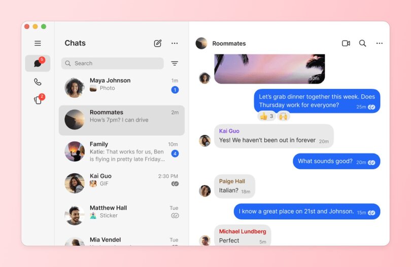 Signal interface showing a list of active chat conversations on the left and a group chat titled 'Roommates' on the right. Messages discuss dinner plans with reactions and replies. Top icons allow for video calls and search.