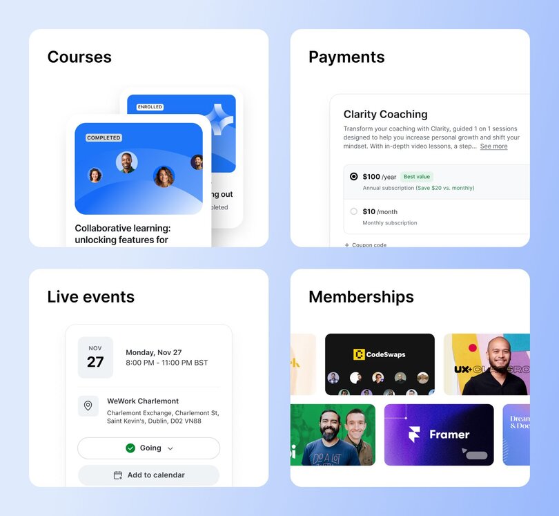 Circle platform features including courses with collaborative learning, flexible payment options, live events scheduling, and membership communities
