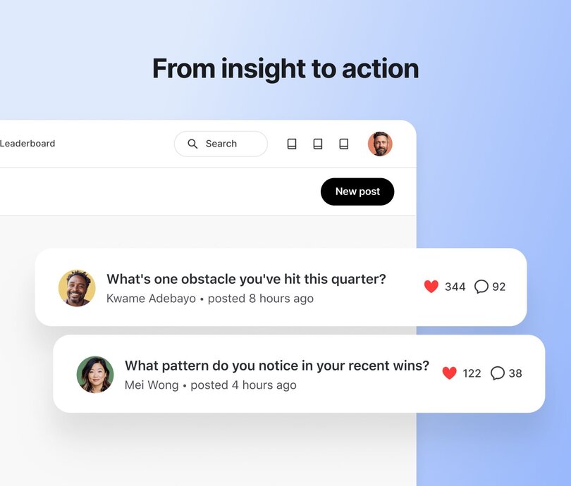 Community feed showing two discussion posts: 'What's one obstacle you've hit this quarter?' by Kwame Adebayo with 344 likes and 92 comments, and 'What pattern do you notice in your recent wins?' by Mei Wong with 122 likes and 38 comments