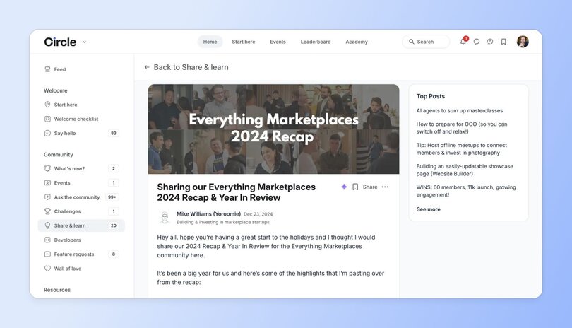 Circle community post showing "Everything Marketplaces 2024 Recap" with a header image of people in a meeting room. The post is by Mike Williams from Yoroomie, dated December 23, 2024, about building and investing in marketplace startups. Includes a sidebar showing "Top Posts" with various community discussion topics.