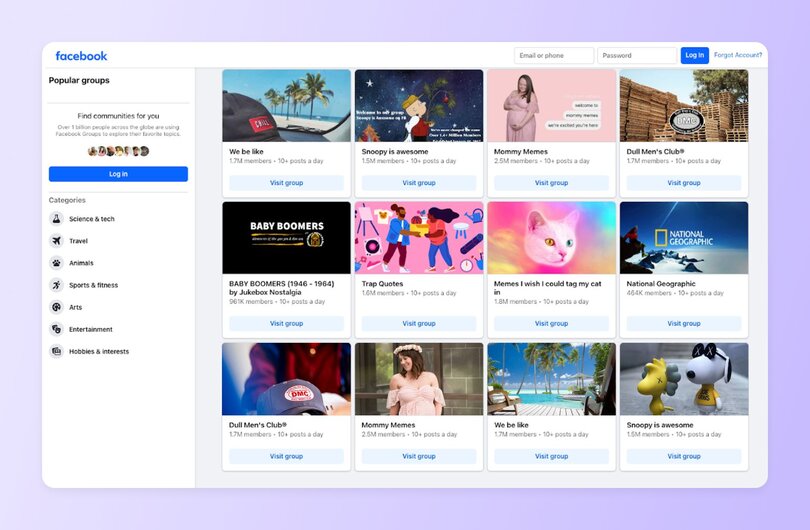 Facebook Groups landing page showing "Popular groups" with membership numbers and activity levels. Categories listed include Science & tech, Travel, Animals with featured groups like "We be like" (1.7M members) and "Mommy Memes" (2.5M members).