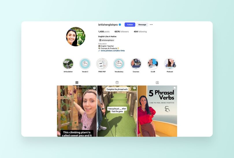 Instagram profile for @britishenglishpro showing 657K followers and featuring English language education content. The profile includes story highlights for different topics like Articulation, Vocab 2, FREE PDF, Vocabulary, Courses, CLUB, and Podcast. The grid shows recent posts including educational videos about phrasal verbs and English grammar concepts.