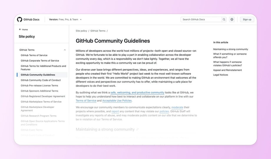 Screenshot of GitHub’s guidelines emphasizing a welcoming environment, moderation policies, and links to Terms of Service.