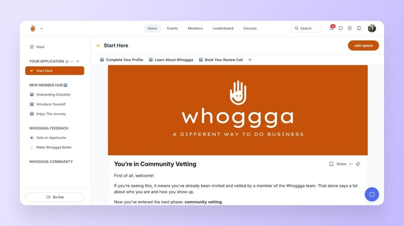 A Circle community onboarding page for Whoggga with a large orange banner and sidebar checklist for new members.