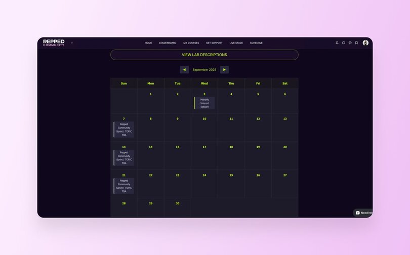 Repped Community calendar interface showing September 2025 schedule with various community events and labs marked on specific dates, including "Monthly Interest Session" and multiple "Repped Community Sprint" sessions.