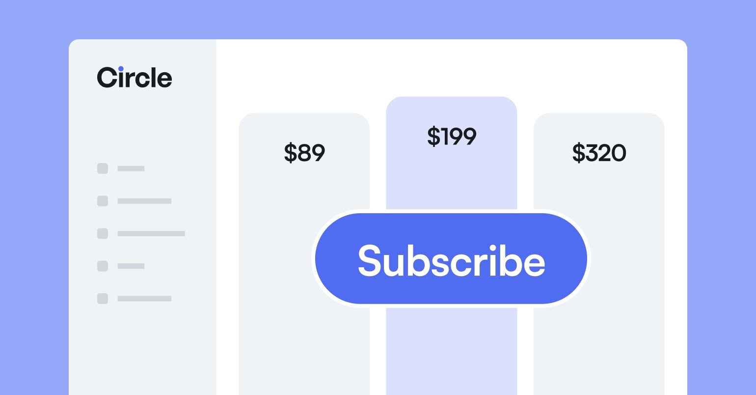 Membership site pricing tiers showing subscription options with purple call-to-action button saying "Subscribe", showing Circle's payment processing capabilities