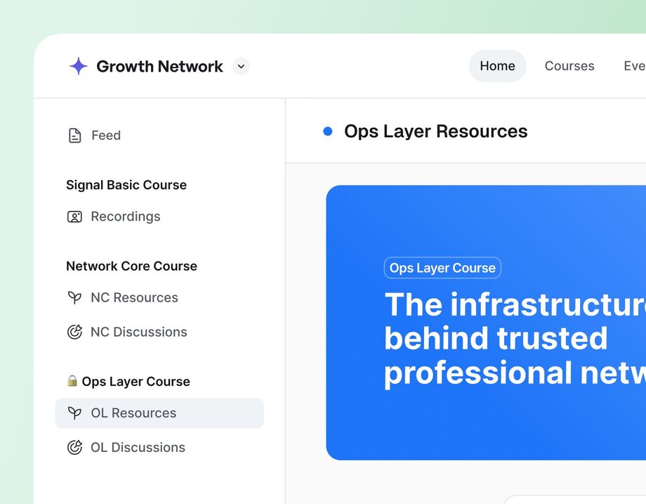 Sidebar of a community platform organized by courses: “Signal Basic Course,” “Network Core Course,” and “Ops Layer Course.” Each course has its own nested spaces like “Resources” and “Discussions.” The main panel displays “Ops Layer Resources” with a large blue header image and descriptive text.