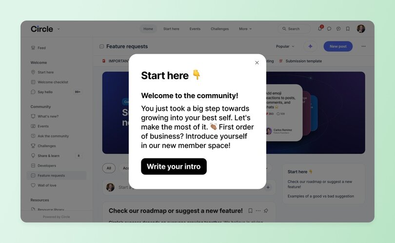 Popup message in a Circle community prompting new members to introduce themselves. The message reads “Start here 👇 Welcome to the community! You just took a big step towards growing into your best self...” with a call-to-action button that says “Write your intro.”