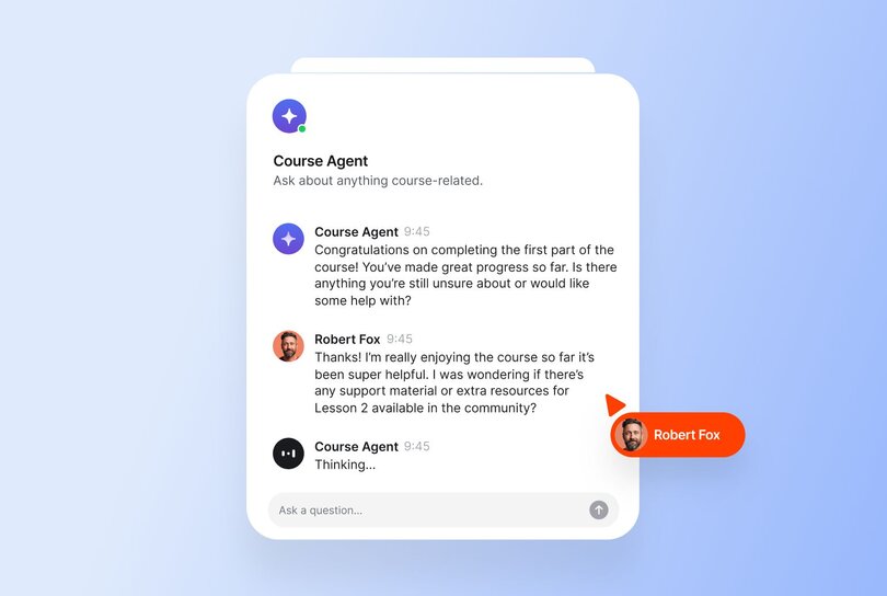 AI-powered Course Agent chat interface showing automated conversation between course bot and student Robert Fox, with the agent congratulating on course completion and offering help, while Robert asks about Lesson 2 support materials