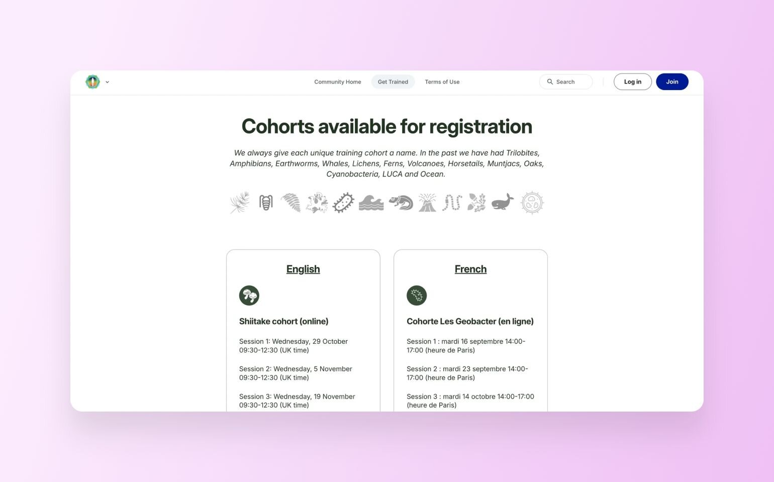 Deep Time Walk training registration page titled "Cohorts available for registration." Shows row of nature-themed icons representing different cohort names like Trilobites, Amphians, Earthworms, etc. Two language options displayed: English "Shiitake cohort (online)" and French "Cohorte Les Geobacter (en ligne)" with specific session dates and times listed for each.
