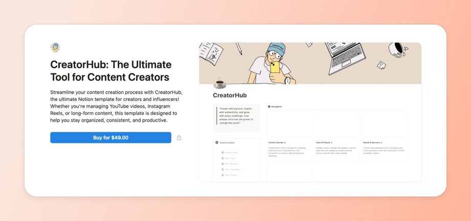 CreatorHub Notion template for content creators priced at $49, designed to streamline content creation for YouTube videos, Instagram Reels, and long-form content with organizational features.