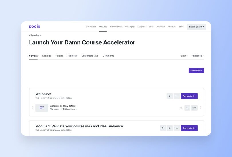 Podia course builder showing 'Launch Your Damn Course Accelerator' with content modules, customer count (57), and course management tabs