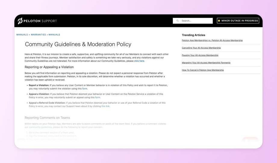 Screenshot of Peloton’s guidelines detailing how members can report or appeal a violation and the platform’s commitment to a supportive environment.