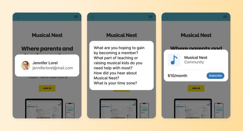 Three mobile phone mockups showing the Musical Nest registration flow. Left screen shows a user profile for Jennifer Lorel with email address. Middle screen displays survey questions asking about membership goals, teaching needs, how they heard about Musical Nest, and timezone. Right screen shows the subscription page with Musical Nest Community branding, $10/month pricing, and blue Subscribe button.