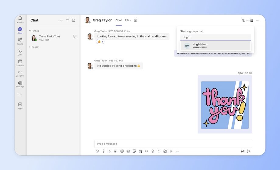 Screenshot of Microsoft Teams interface showing a chat conversation between Greg Taylor and the user. Greg mentions a meeting in "the main auditorium" and offers to send a recording. The right panel shows an option to start a group chat.