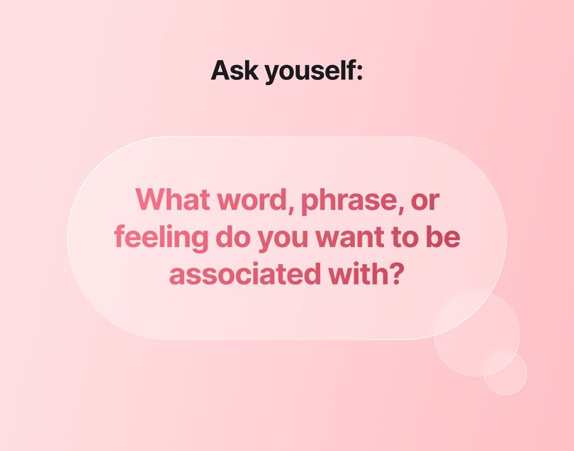 Pink background with black text reading 'Ask yourself:' followed by coral text in a speech bubble asking 'What word, phrase, or feeling do you want to be associated with?'