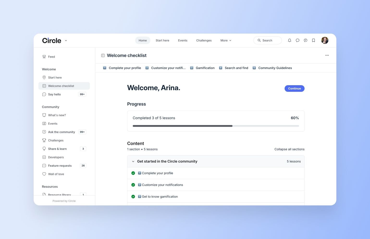 Circle welcome checklist page showing 60% completion progress for user "Arina" with completed tasks for profile, notifications, and gamification setup.