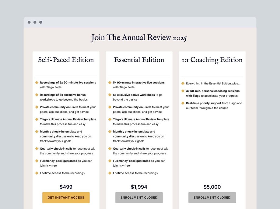 Pricing comparison table for 'The Annual Review 2025' by Tiago Forte, showing three tiers: Self-Paced Edition ($499), Essential Edition ($1,994), and 1:1 Coaching Edition ($5,000). Features range from recorded sessions to live coaching, with emphasis on community engagement and structured learning paths.