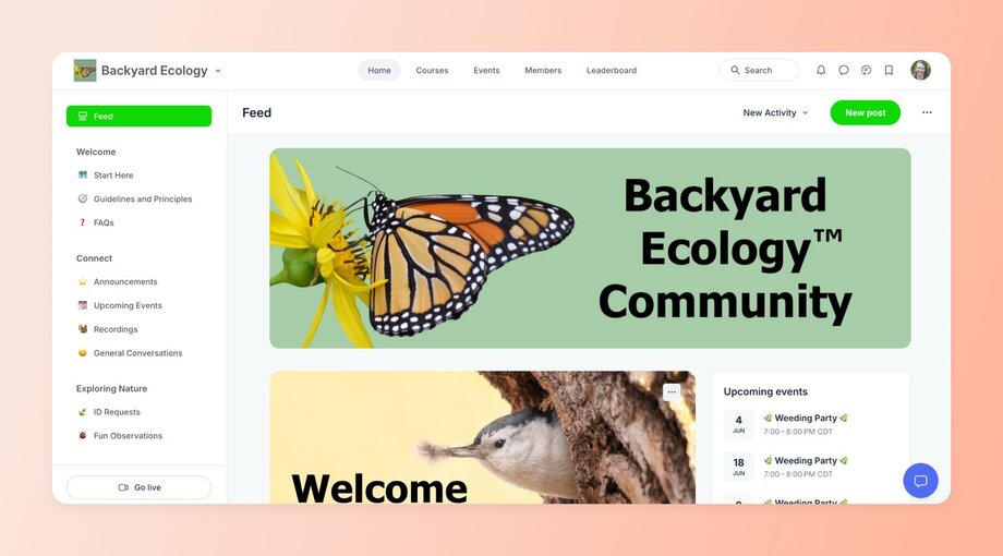 Screenshot of the Backyard Ecology™ Community hosted on Circle. The homepage features nature-themed visuals with navigation links like Guidelines, FAQs, Upcoming Events, and discussion spaces for ID Requests and Fun Observations.

