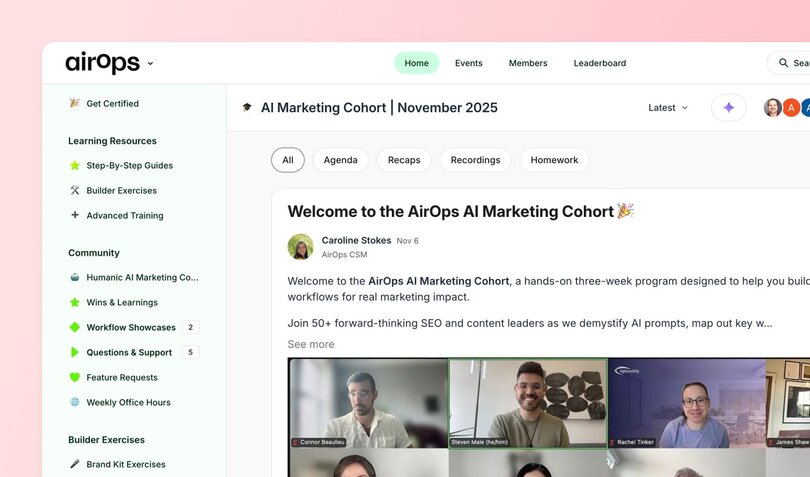 AirOps Circle community sidebar navigation showing course structure with sections for Get Certified, Learning Resources, Community spaces including AI Marketing Cohort, and Builder Exercises with an active cohort welcome post visible