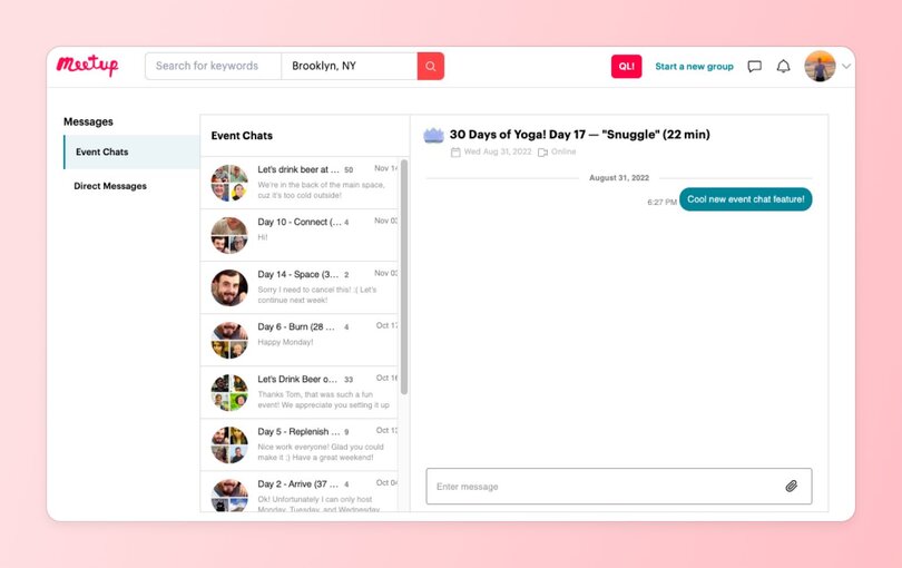 Meetup messaging interface showing 'Event Chats' and 'Direct Messages'. An active chat titled '30 Days of Yoga! Day 17' is displayed on the right, with a timestamped message and event name shown above the message area.