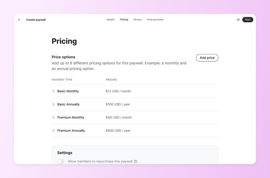 A pricing configuration interface for creating a paywall, showing four pricing tiers: Basic Monthly ($12 USD/month), Basic Annually ($100 USD/year), Premium Monthly ($49 USD/month), and Premium Annually ($500 USD/year), with an 'Add price' button and settings section below.