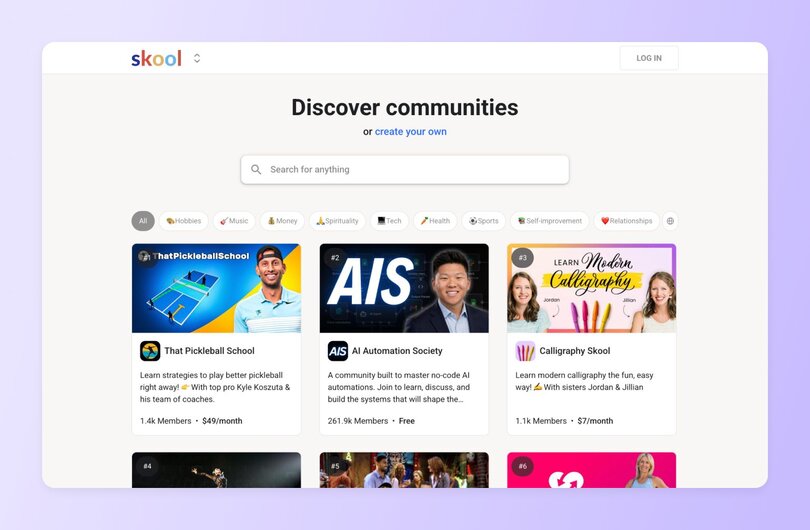 Skool platform homepage showing "Discover communities or create your own" with search bar and category filters (Hobbies, Music, Money, etc.). Features community thumbnails including Brotherhood Of Scent, Calligraphy Skool, and School of Mentors.