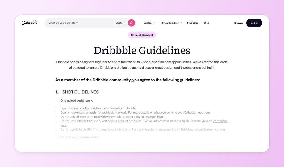 Screenshot of Dribbble’s code of conduct highlighting design-specific posting rules and prohibited promotional content.