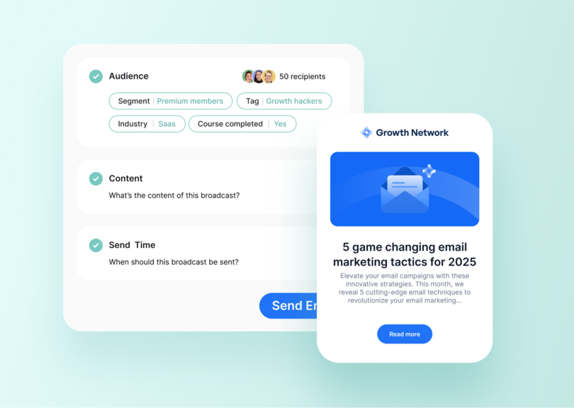 Circle's email broadcast creation interface showing audience segmentation options (Premium members, Growth hackers, SaaS industry, course completed) with targeted email preview