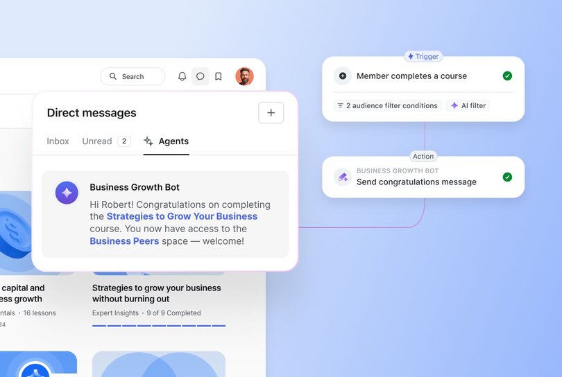 Course platform automation workflow in Circle showing trigger 'Member completes a course' connected to action 'Business Growth Bot sends congratulations message' with audience filters, alongside direct messages interface displaying automated congratulations message to Robert"