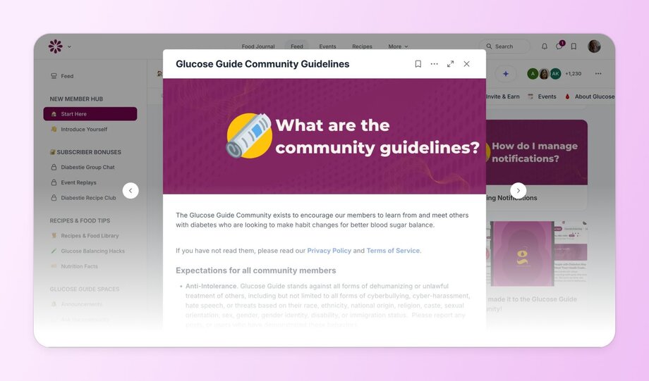 Screenshot of Glucose Guide’s community standards focused on anti-intolerance, inclusivity, and respect within a diabetes support space.