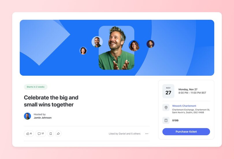 Circle event page for 'Celebrate the big and small wins together' hosted by Jamie Johnson at Wework Charlemont in Dublin, scheduled for Monday, November 27, 8:00 PM - 11:00 PM BST, with ticket purchase option for $199