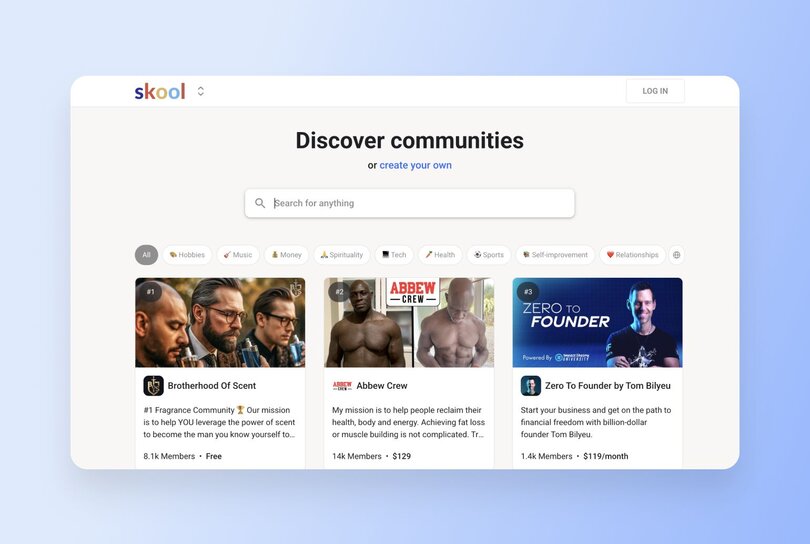 Skool community discovery page featuring three highlighted communities: Brotherhood Of Scent (8.1k members, free), Abbew Crew (14k members, $129), and Zero To Founder (1.4k members, $119/month)