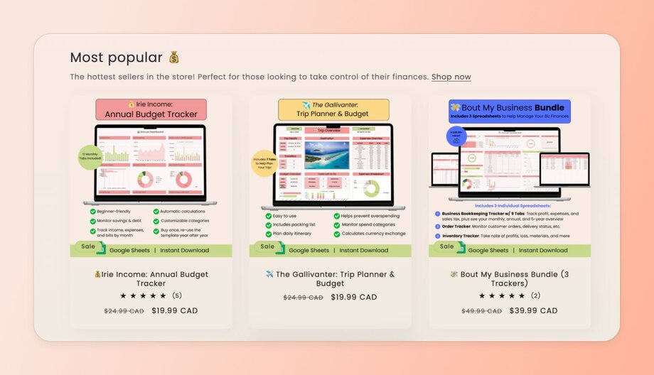 Digital product store showcase featuring three financial spreadsheet templates: Annual Budget Tracker, Trip Planner & Budget, and Business Bundle, all available as Google Sheets with instant download options.