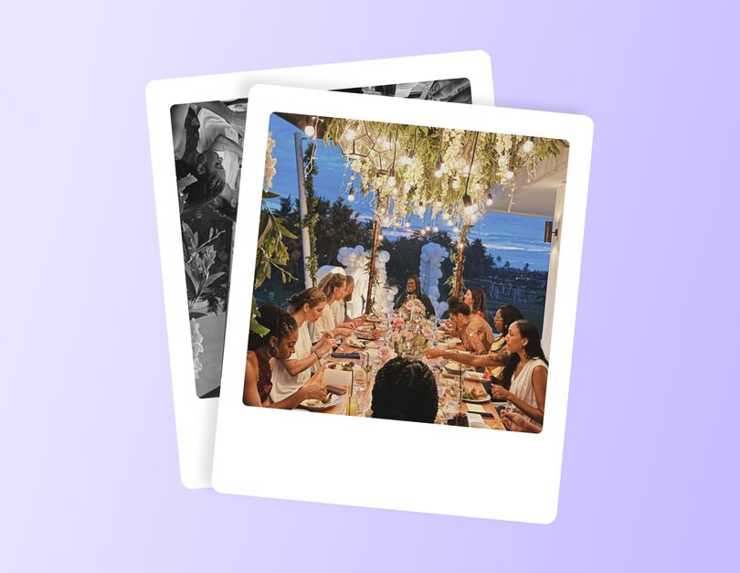 Glo Atanmo takes every Life Leap cohort on a trip as a way to reward them and celebrate their progress. Two polaroid photos - one black and white garden image, one color photo of people dining outdoors under string lights.